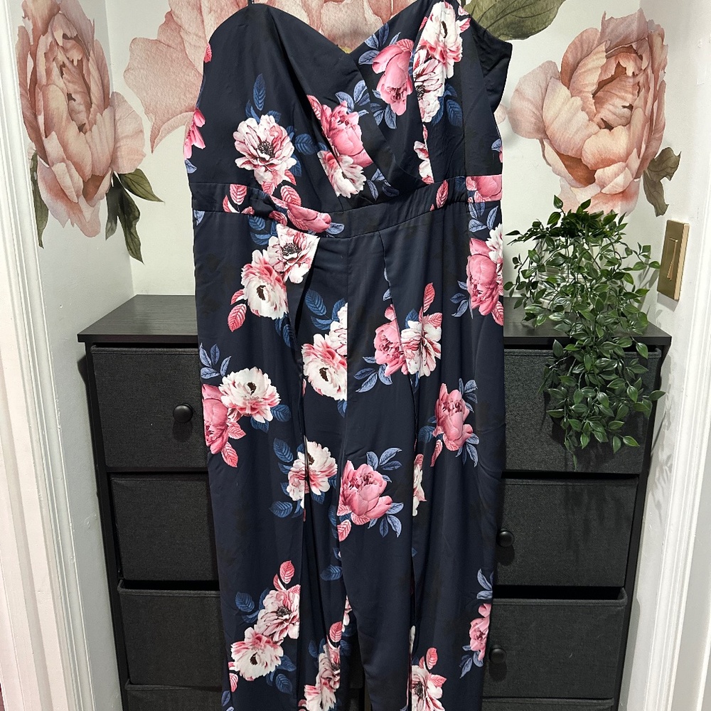 Strapless Navy Blue & Pink Floral Jumpsuit - Size 22